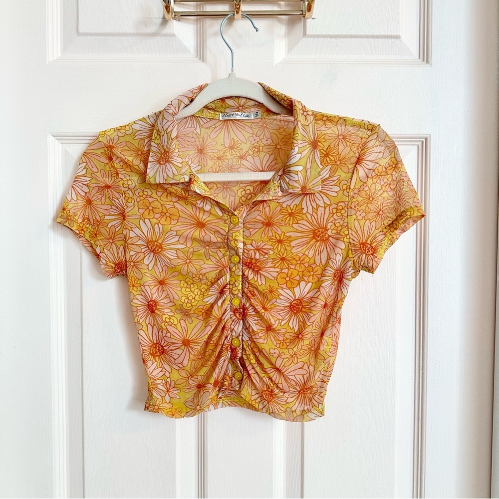 Mesh crop floral button up